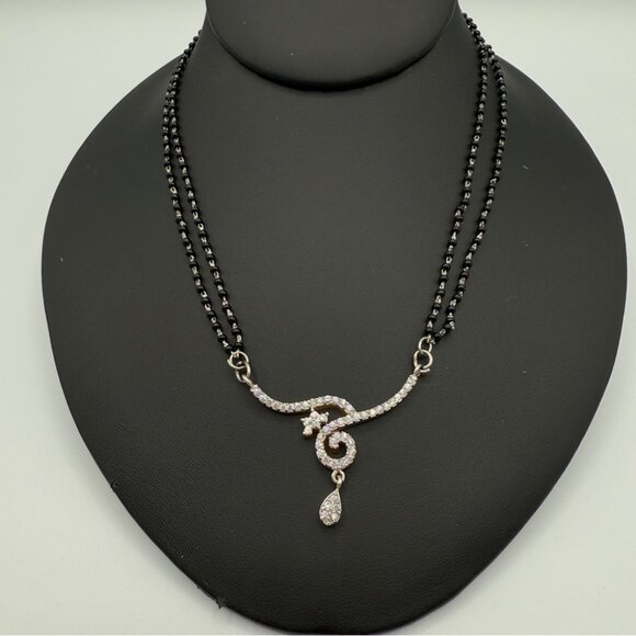 Dainty Necklace with Black Beaded Chain and CZ studded Asymmetrical Pendant - Picture 1 of 12